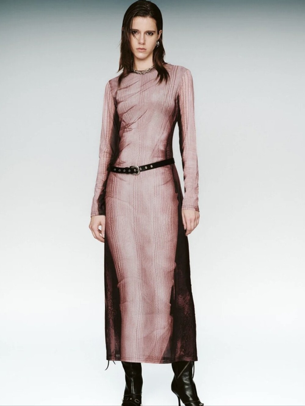 Nwt 90s MESH URBAN REVIVO Illusion Y2K Mugler Maxi Long Sleeve Pink Slip Dress